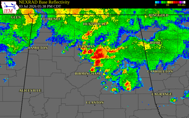 NEXRAD radar during the Friday, July 3, 2026 storm activity in St. Clair County, Alabama