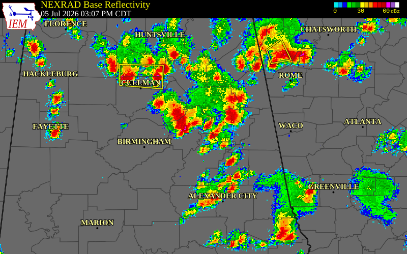 NEXRAD radar during the Sunday, July 5, 2026 storm activity in St. Clair County, Alabama