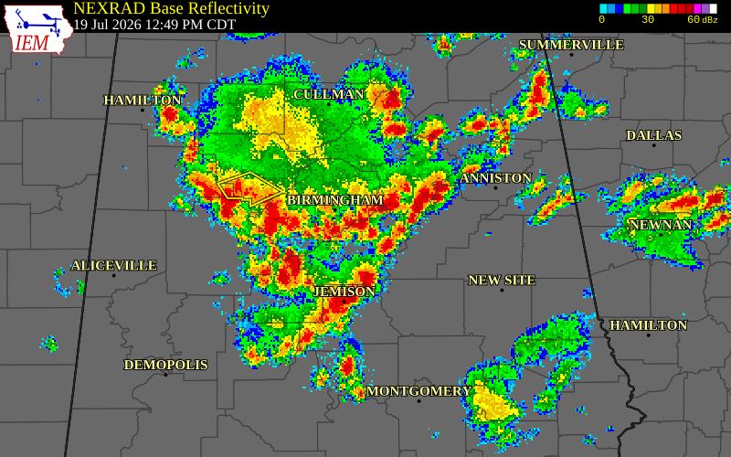 NEXRAD radar during the Sunday, July 19, 2026 storm activity in St. Clair County, Alabama