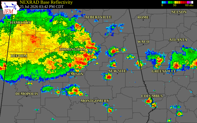 NEXRAD radar during the Saturday, July 25, 2026 storm activity in St. Clair County, Alabama