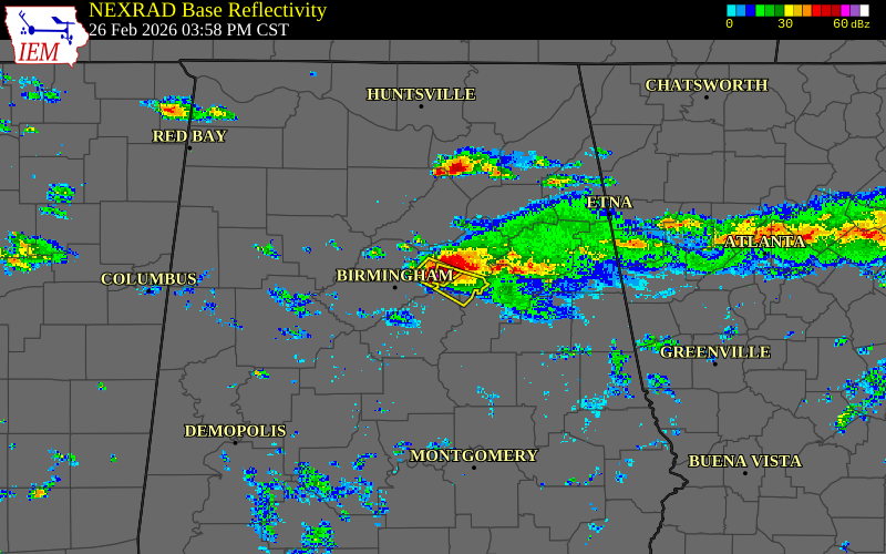 Radar snapshot during the Feb 26, 2026 hail event near 1 NE Moody, St. Clair County, Alabama, with NWS warning polygons