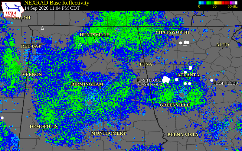 Current NEXRAD radar over St. Clair County, Alabama with recent storm report locations