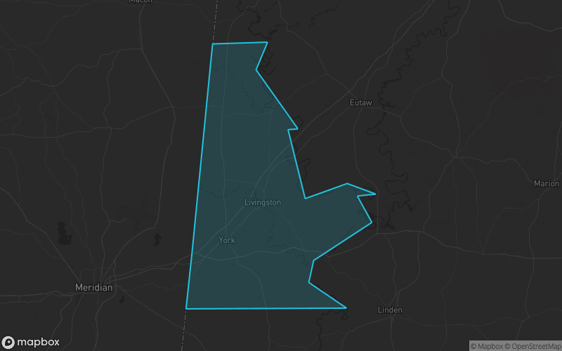 Map of Sumter County, Alabama showing the county boundary and surrounding cities