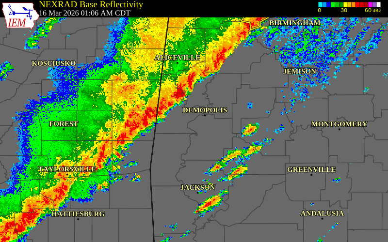 NEXRAD radar during the Monday, March 16, 2026 storm activity in Sumter County, Alabama