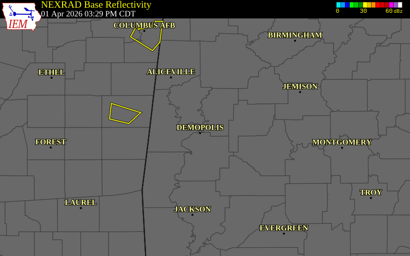 NEXRAD radar during the Wednesday, April 1, 2026 storm activity in Sumter County, Alabama