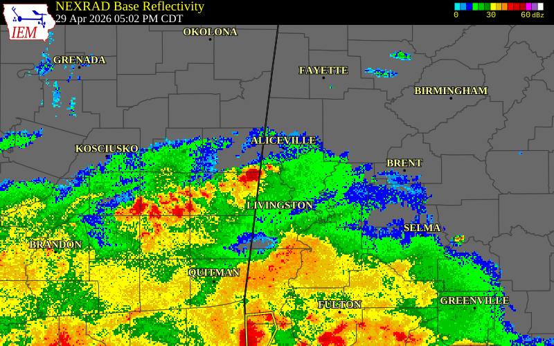 NEXRAD radar during the Wednesday, April 29, 2026 storm activity in Sumter County, Alabama