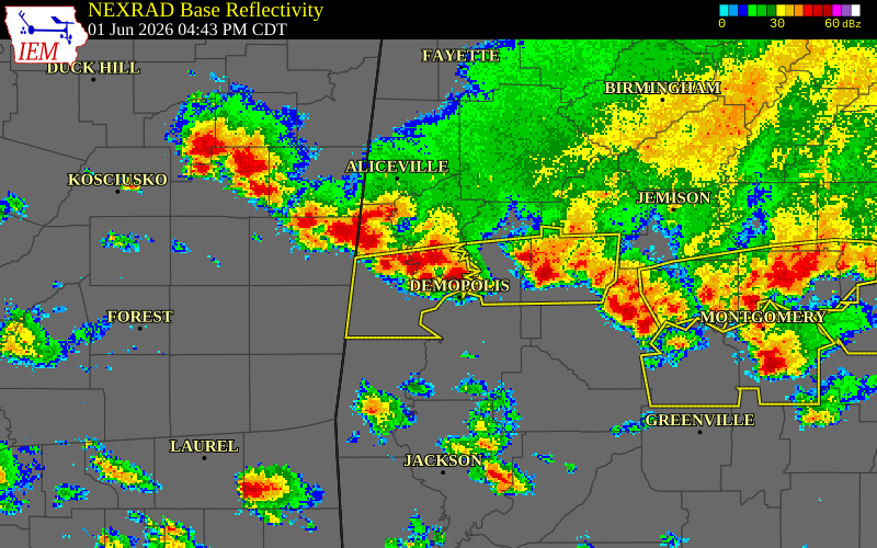 NEXRAD radar during the Monday, June 1, 2026 storm activity in Sumter County, Alabama