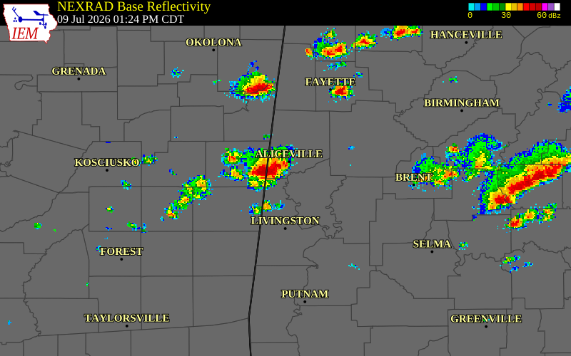 NEXRAD radar during the Thursday, July 9, 2026 storm activity in Sumter County, Alabama