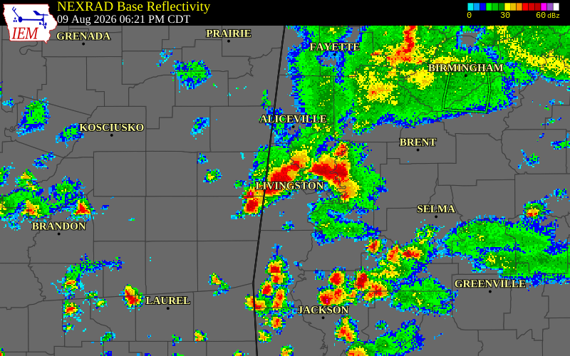NEXRAD radar during the Sunday, August 9, 2026 storm activity in Sumter County, Alabama