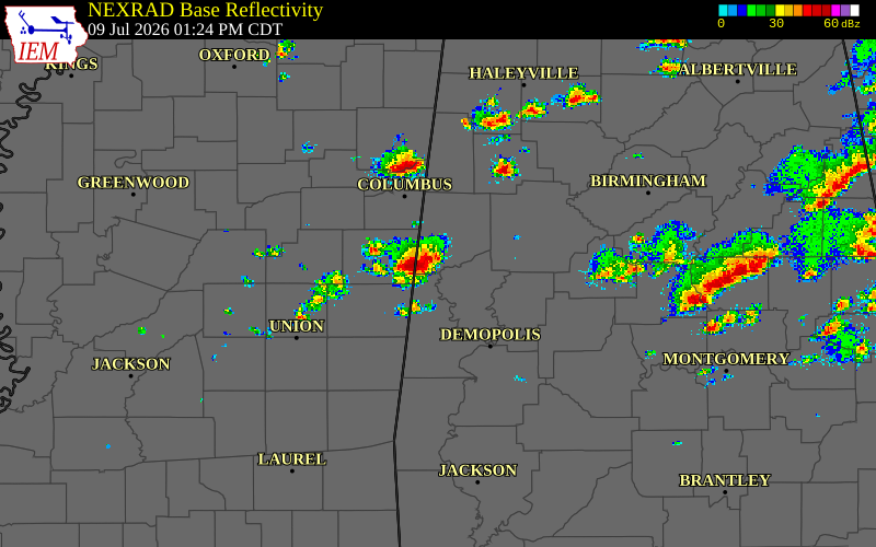 Radar snapshot during the Jul 9, 2026 wind event near Sumter County, Sumter County, Alabama, with NWS warning polygons