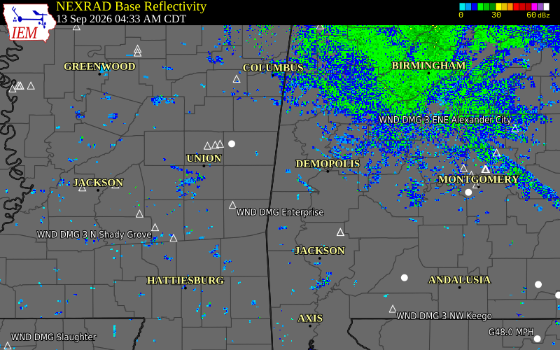 Current NEXRAD radar over Sumter County, Alabama with recent storm report locations