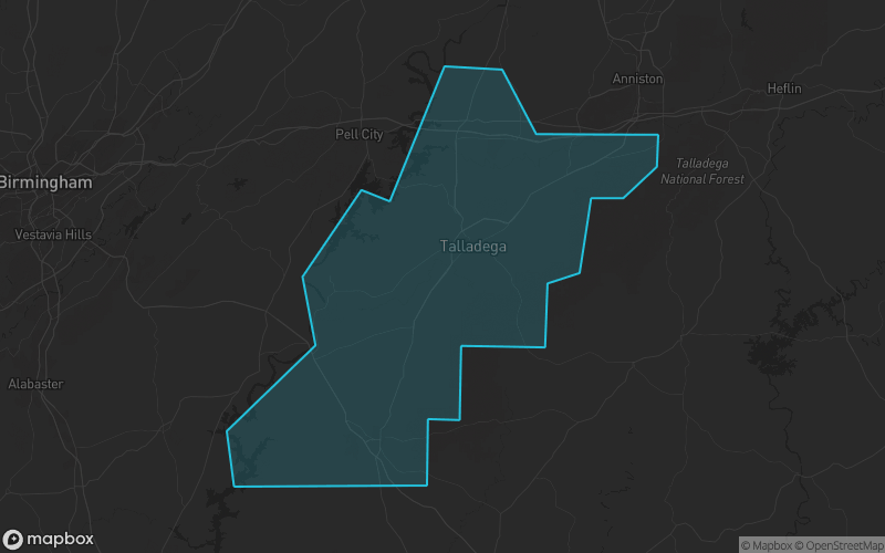 Map of Talladega County, Alabama showing the county boundary and surrounding cities
