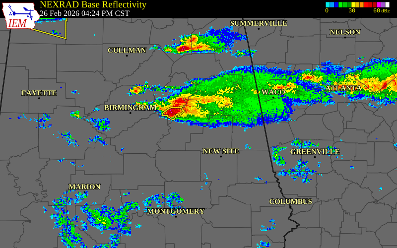 NEXRAD radar during the Thursday, February 26, 2026 storm activity in Talladega County, Alabama