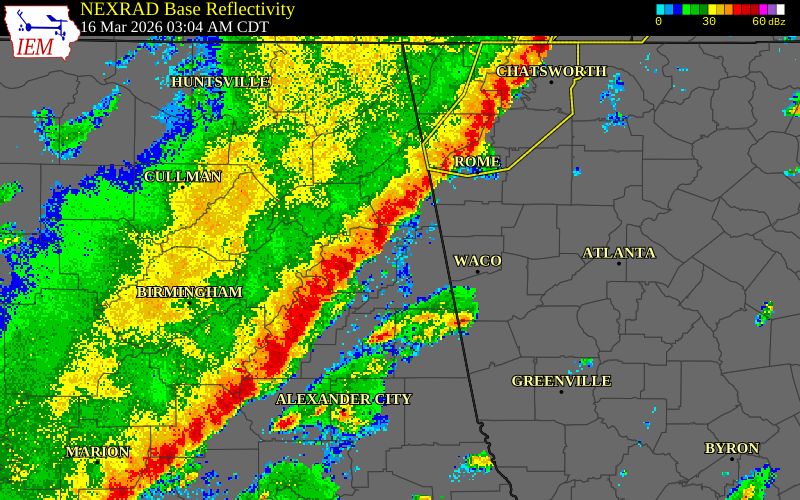 NEXRAD radar during the Monday, March 16, 2026 storm activity in Talladega County, Alabama