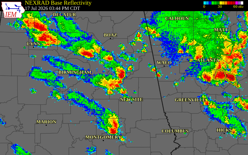 NEXRAD radar during the Friday, July 17, 2026 storm activity in Talladega County, Alabama