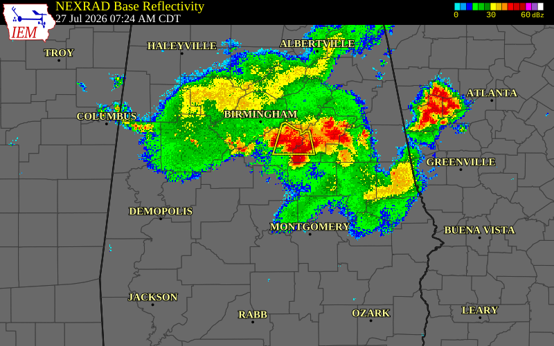 Radar snapshot during the Jul 27, 2026 wind event near Talladega County, Talladega County, Alabama, with NWS warning polygons