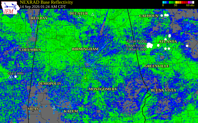 Current NEXRAD radar over Talladega County, Alabama with recent storm report locations
