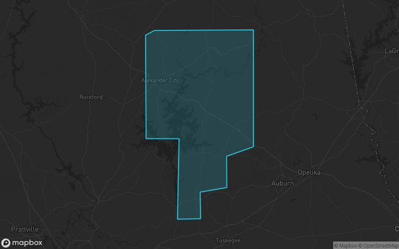 Map of Tallapoosa County, Alabama showing the county boundary and surrounding cities