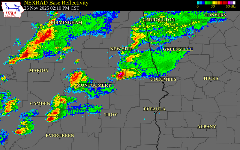 NEXRAD radar during the Tuesday, November 25, 2025 storm activity in Tallapoosa County, Alabama