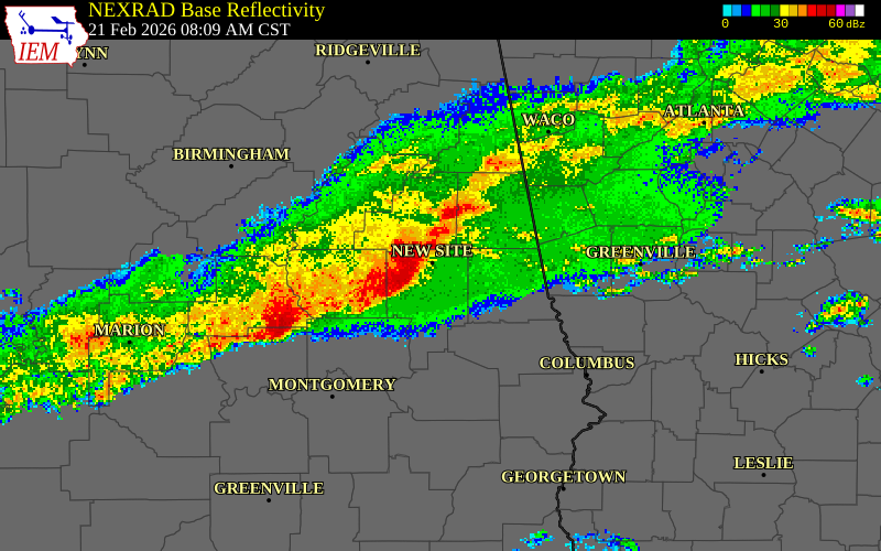 NEXRAD radar during the Saturday, February 21, 2026 storm activity in Tallapoosa County, Alabama