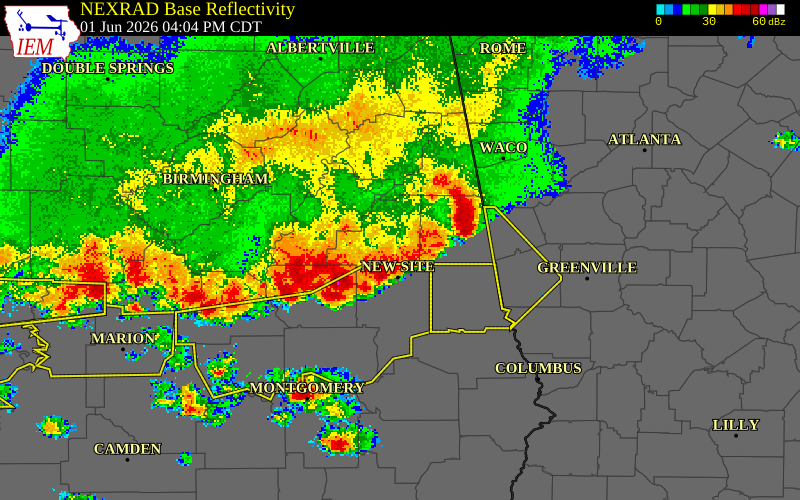 NEXRAD radar during the Monday, June 1, 2026 storm activity in Tallapoosa County, Alabama