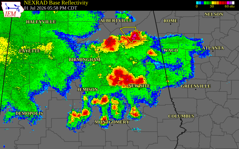 NEXRAD radar during the Wednesday, July 1, 2026 storm activity in Tallapoosa County, Alabama