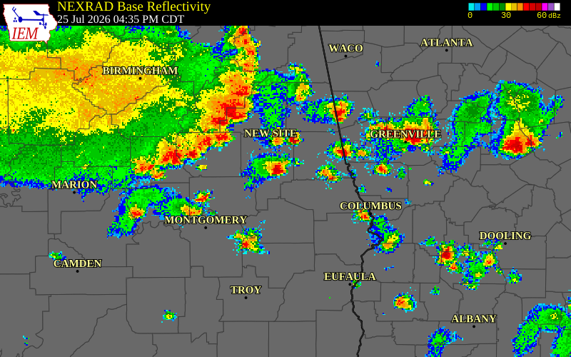 NEXRAD radar during the Saturday, July 25, 2026 storm activity in Tallapoosa County, Alabama