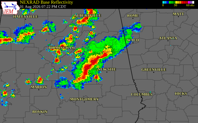 NEXRAD radar during the Saturday, August 1, 2026 storm activity in Tallapoosa County, Alabama