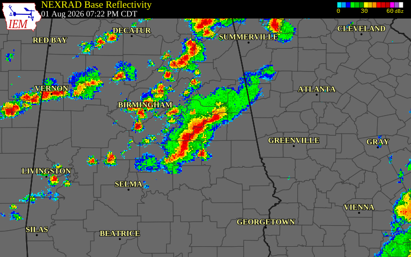Radar snapshot during the Aug 1, 2026 wind event near Tallapoosa County, Tallapoosa County, Alabama, with NWS warning polygons