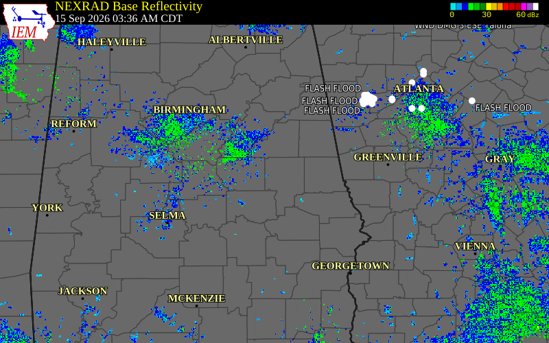 Current NEXRAD radar over Tallapoosa County, Alabama with recent storm report locations