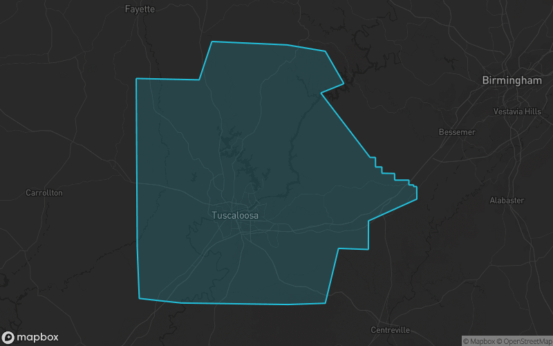 Map of Tuscaloosa County, Alabama showing the county boundary and surrounding cities