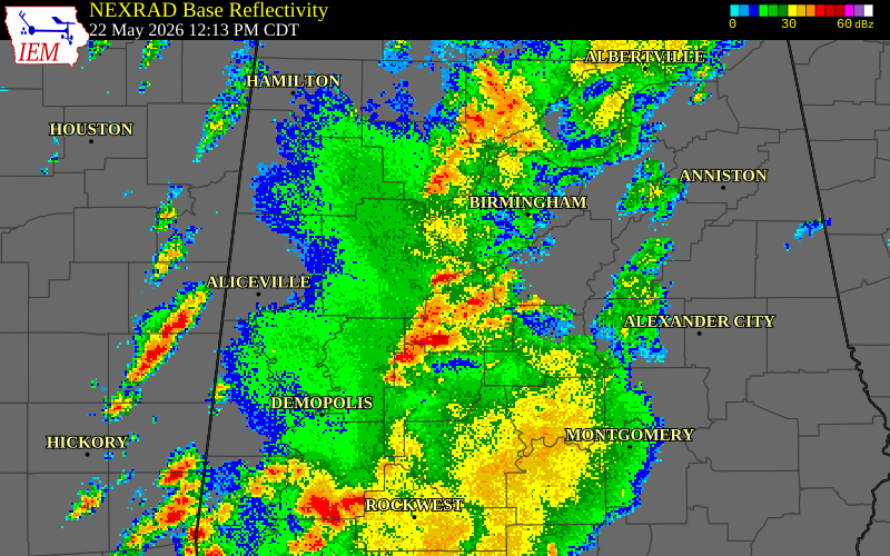 NEXRAD radar during the Friday, May 22, 2026 storm activity in Tuscaloosa County, Alabama