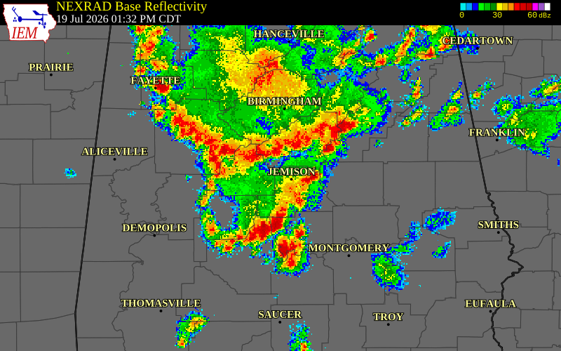 NEXRAD radar during the Sunday, July 19, 2026 storm activity in Tuscaloosa County, Alabama