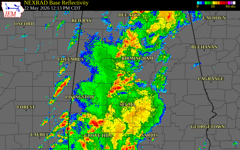 Radar snapshot during the May 22, 2026 tornado event near 3 N Vance, Tuscaloosa County, Alabama, with NWS warning polygons