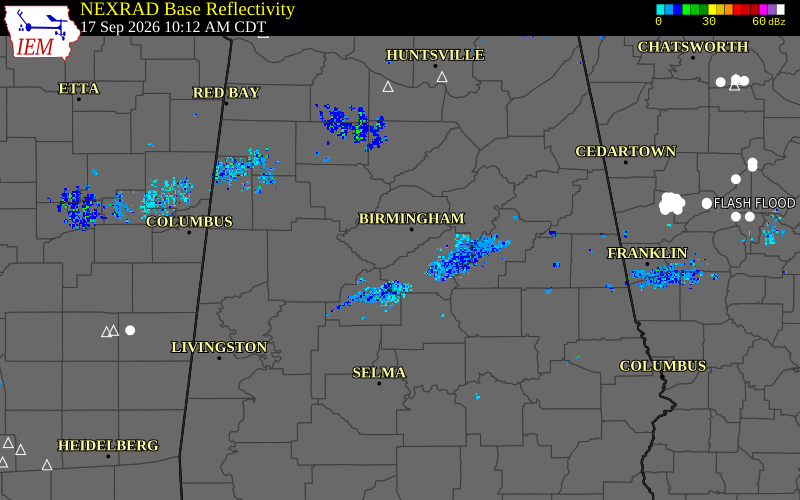 Current NEXRAD radar over Tuscaloosa County, Alabama with recent storm report locations