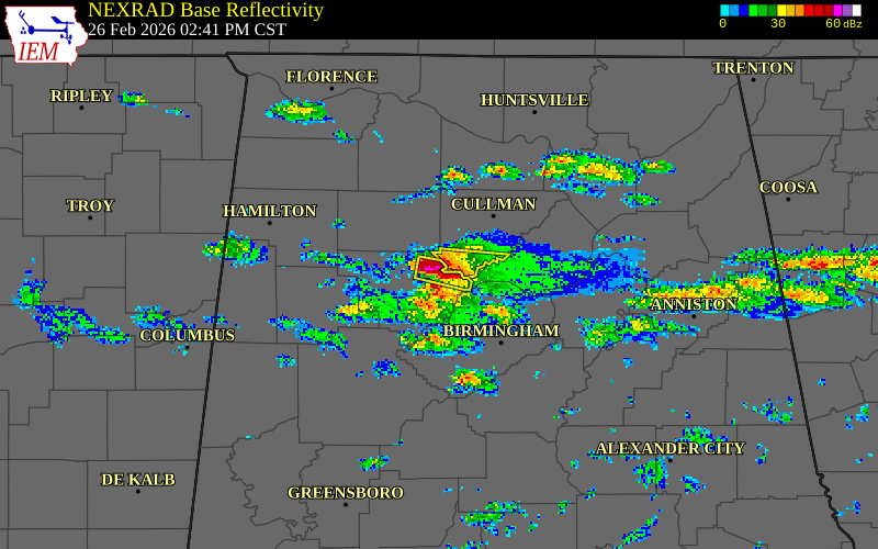 NEXRAD radar during the Thursday, February 26, 2026 storm activity in Walker County, Alabama