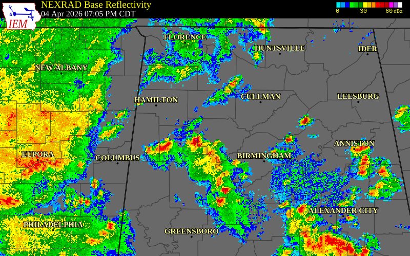 NEXRAD radar during the Saturday, April 4, 2026 storm activity in Walker County, Alabama
