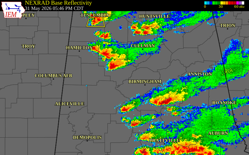 NEXRAD radar during the Sunday, May 31, 2026 storm activity in Walker County, Alabama