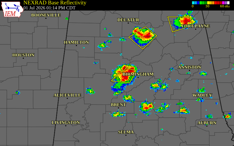 NEXRAD radar during the Wednesday, July 1, 2026 storm activity in Walker County, Alabama