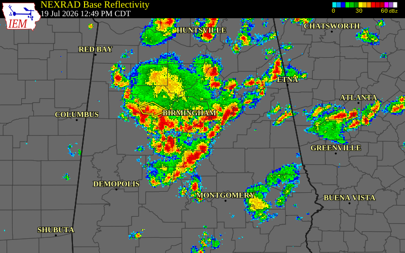 Radar snapshot during the Jul 19, 2026 wind event near Walker County, Walker County, Alabama, with NWS warning polygons