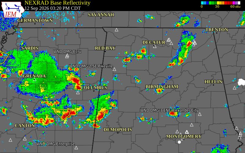 Current NEXRAD radar over Walker County, Alabama with recent storm report locations