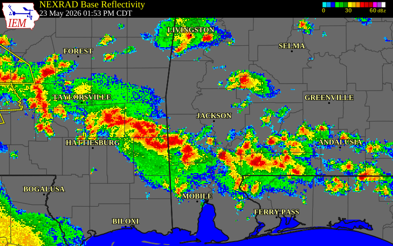 NEXRAD radar during the Saturday, May 23, 2026 storm activity in Washington County, Alabama