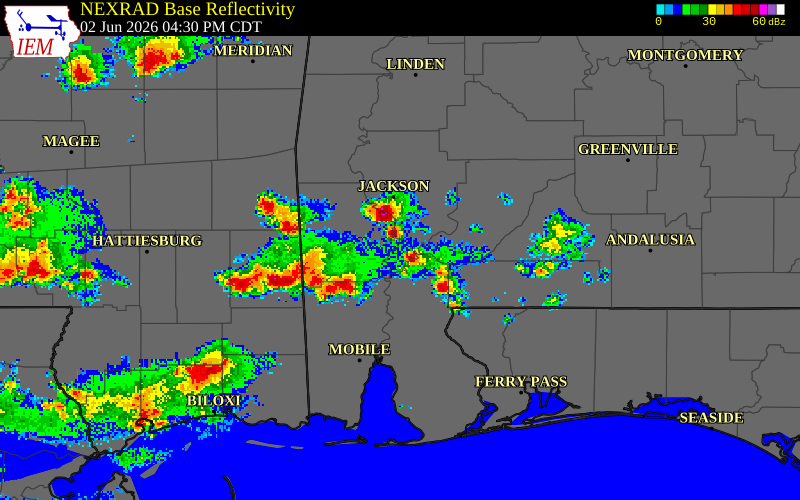 NEXRAD radar during the Tuesday, June 2, 2026 storm activity in Washington County, Alabama