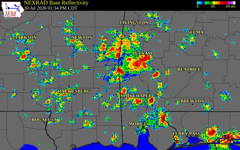 NEXRAD radar during the Thursday, July 30, 2026 storm activity in Washington County, Alabama