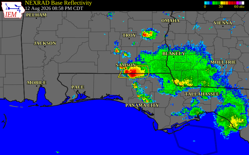 Radar snapshot during the Aug 12, 2026 wind event near Washington County, Washington County, Alabama, with NWS warning polygons