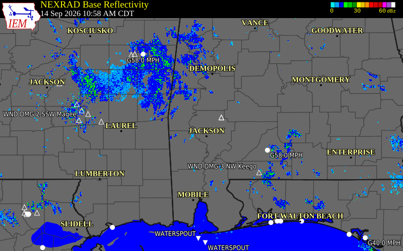 Current NEXRAD radar over Washington County, Alabama with recent storm report locations
