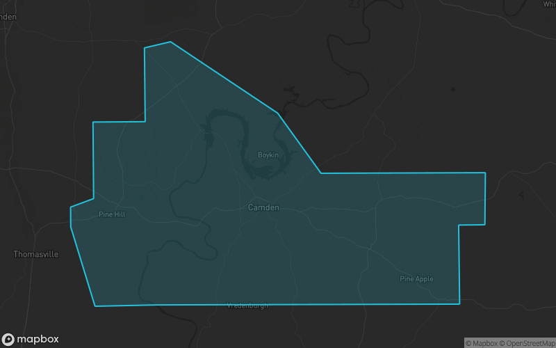 Map of Wilcox County, Alabama showing the county boundary and surrounding cities