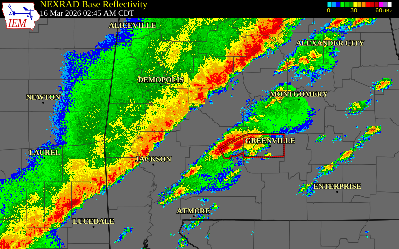 NEXRAD radar during the Monday, March 16, 2026 storm activity in Wilcox County, Alabama