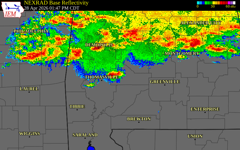 NEXRAD radar during the Tuesday, April 28, 2026 storm activity in Wilcox County, Alabama
