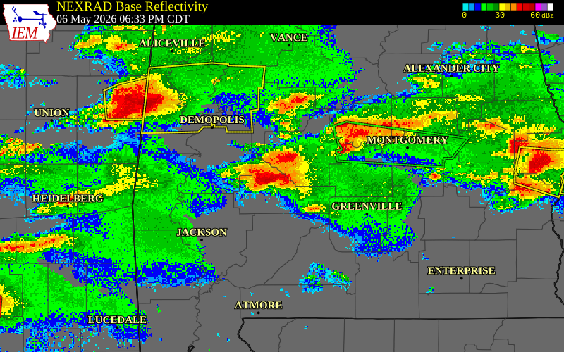 NEXRAD radar during the Wednesday, May 6, 2026 storm activity in Wilcox County, Alabama